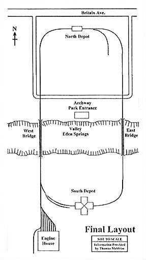 This map represents the rectangular track layout that became the standard for the park's later history.  Trains ran counterclockwise over the entire layout.  This configuration maximized the people moving capacity of the rail system.  Multiple trains could be run during peak passenger periods without danger of accidents.  This route's circumnavigation of the perimeter of the park also gave passengers a grand tour of the grounds and a view of almost everything in the park.  The trestles were popular vantage points to view the attractions in the valley portion of the park from the trains while the trains traveling high over head were a spectacle for the visitors in the park.  The trains were so popular that the south depot area of the park became the major entrance to the park.  Although constructed as the main park entrance the Archway building on the north side of the valley became more of a back door.